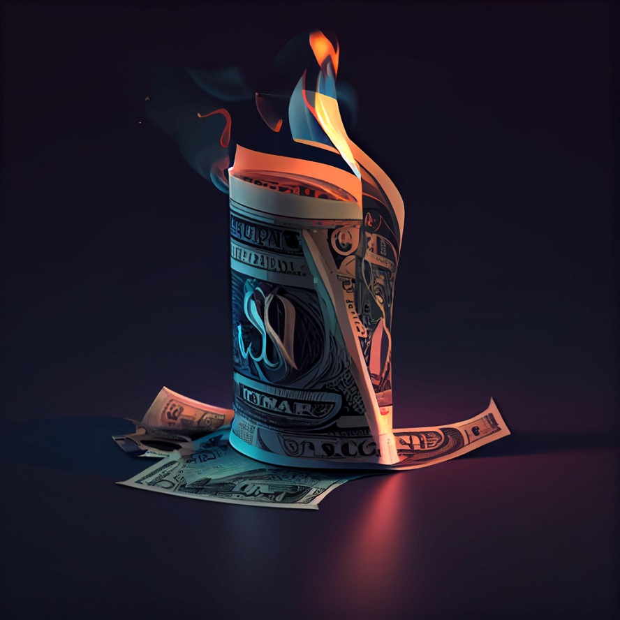 Burning bills picture with dark background